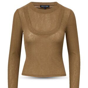 NWT VERONICA BEARD Neita Ribbed Crewneck Long Sleeve Top, L, Tan, Brown